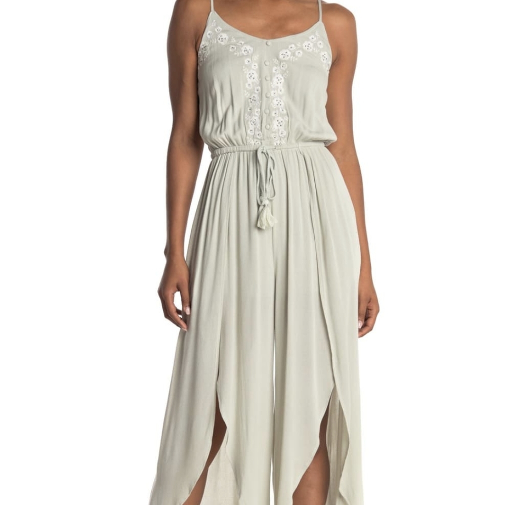 Lost + Wander Light Green Embroidered Jumpsuit Size S